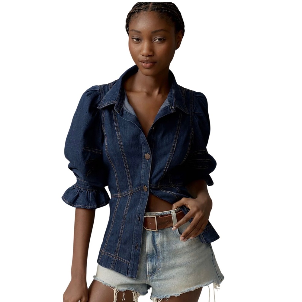 Anthropologie Dark Wash Denim Puff Sleeve Ruffle Cuff Button Down Top Size L